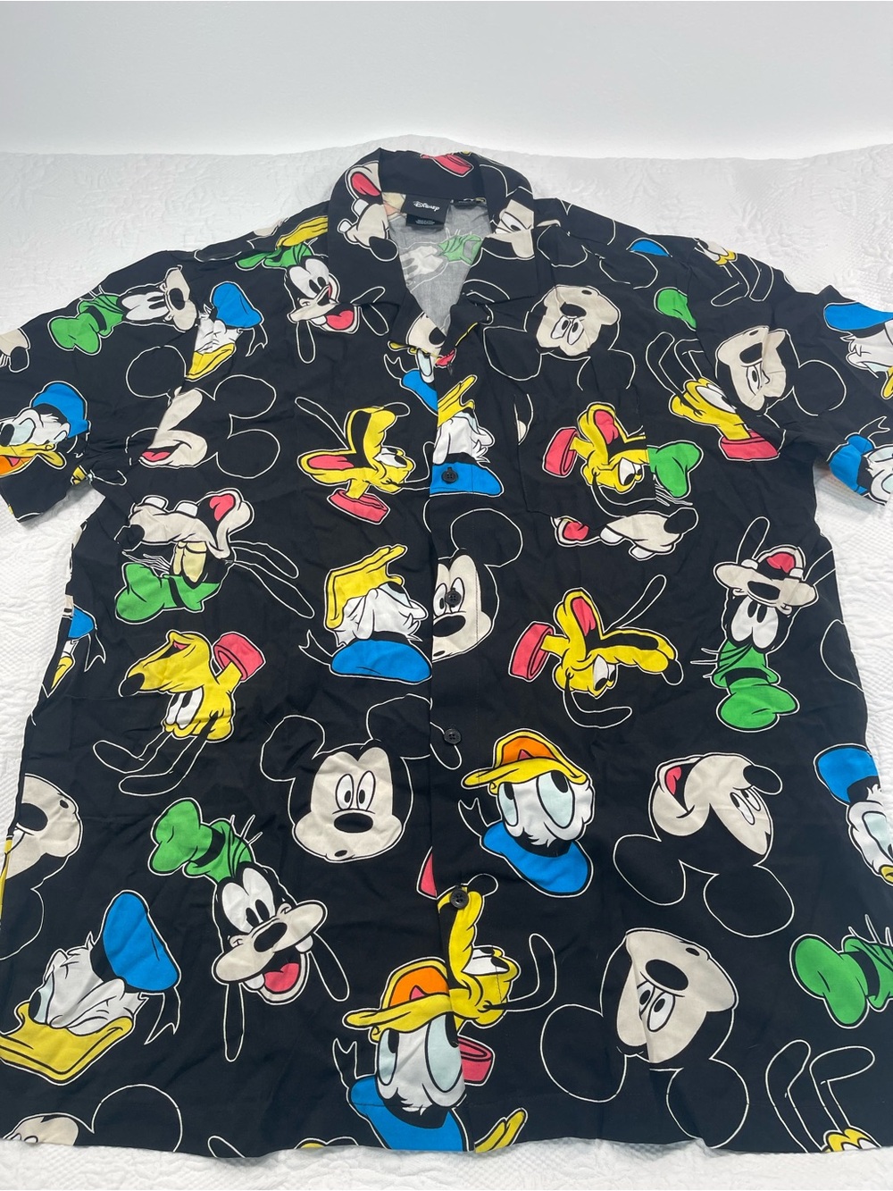 Disney Black Short-Sleeve Button-Down Shirt with Multicolor Cartoon Faces